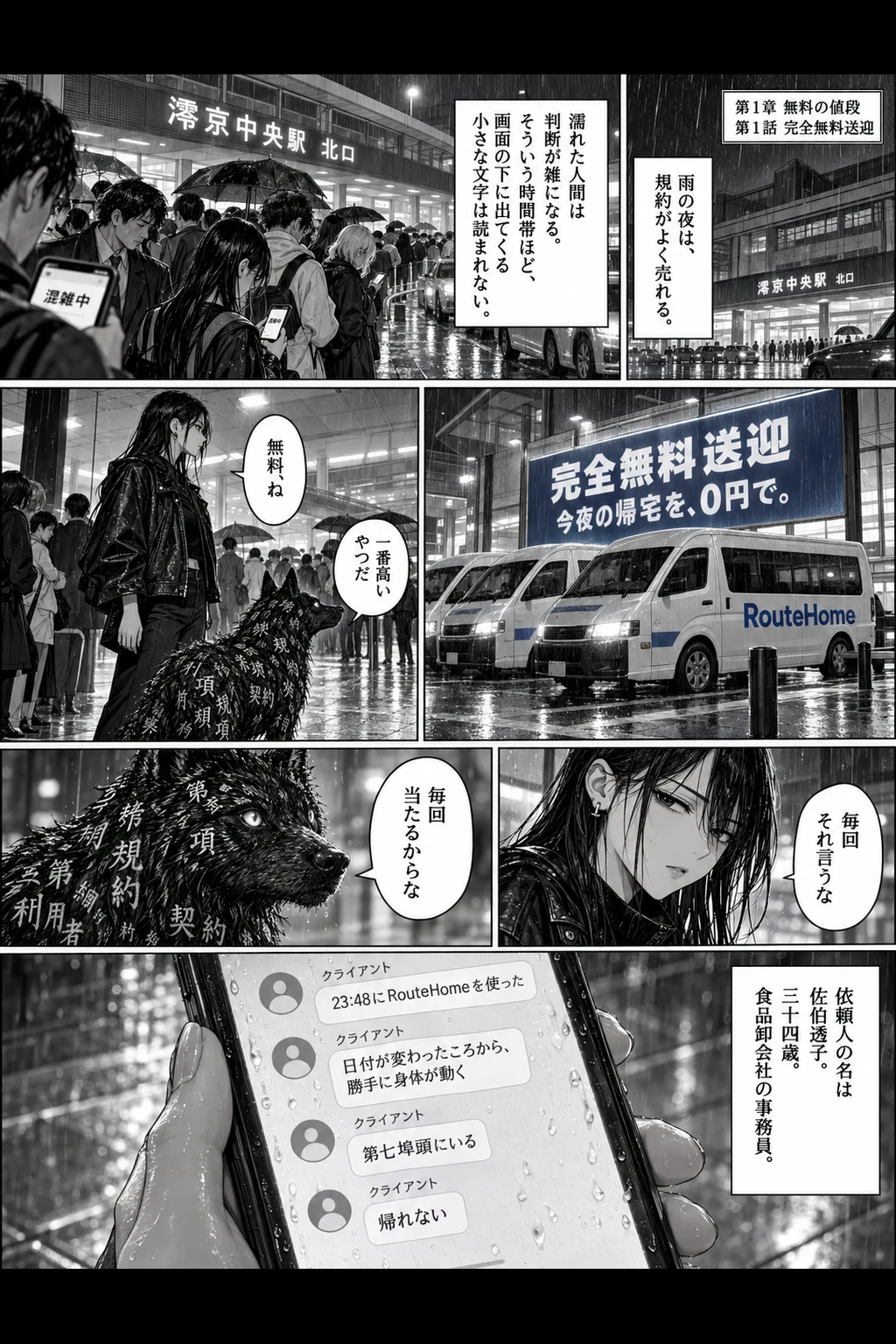 雨の夜の駅前で、スマホを見る人々の列と、「完全無料送迎」の看板の前に並ぶ白いワゴン。最後のコマは、依頼人からのメッセージを映したスマホの画面。