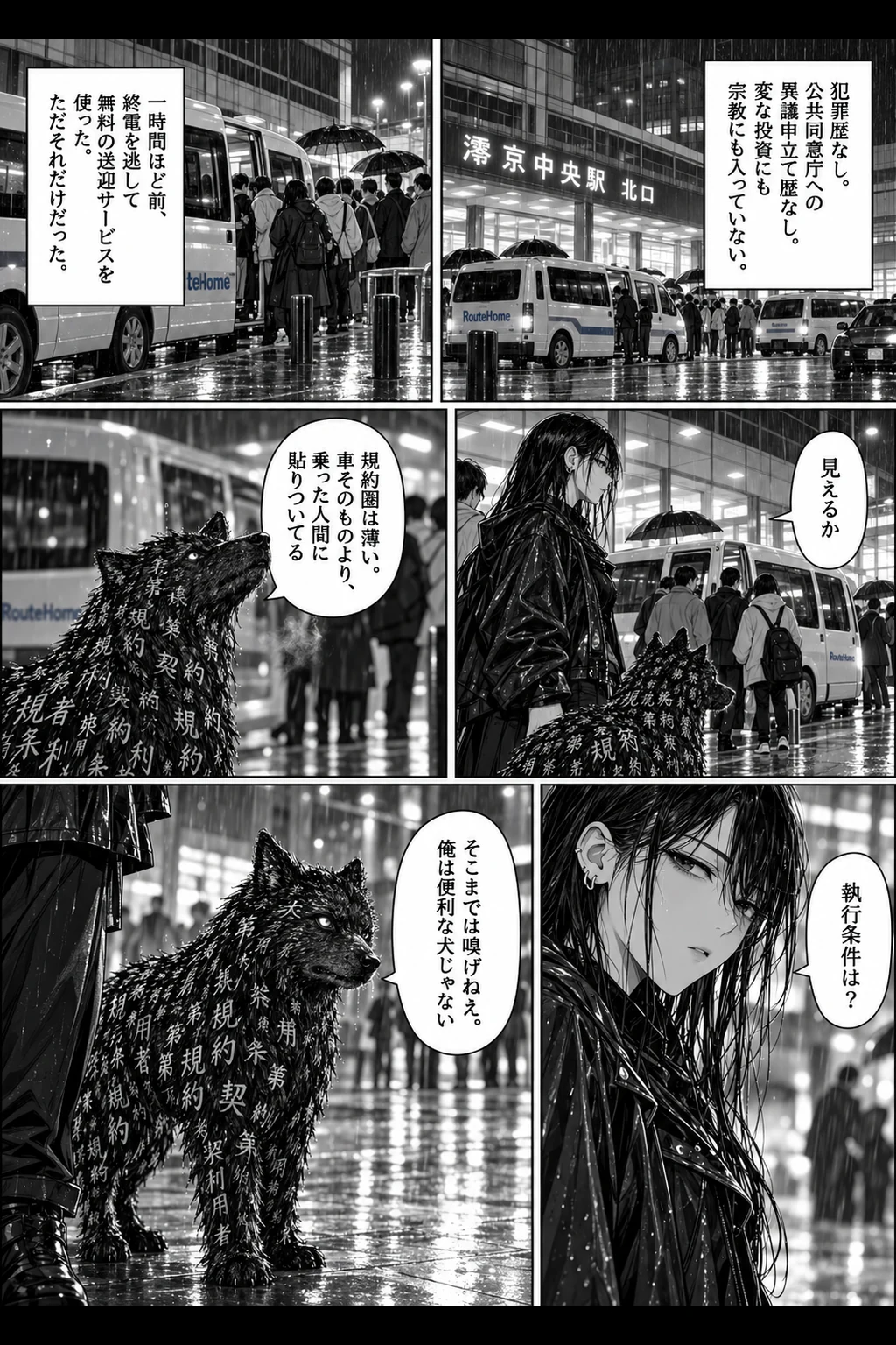 雨の駅前で、足元の黒い獣タグに話しかける黒髪のトワ。背景にRouteHomeのワゴンが見える。