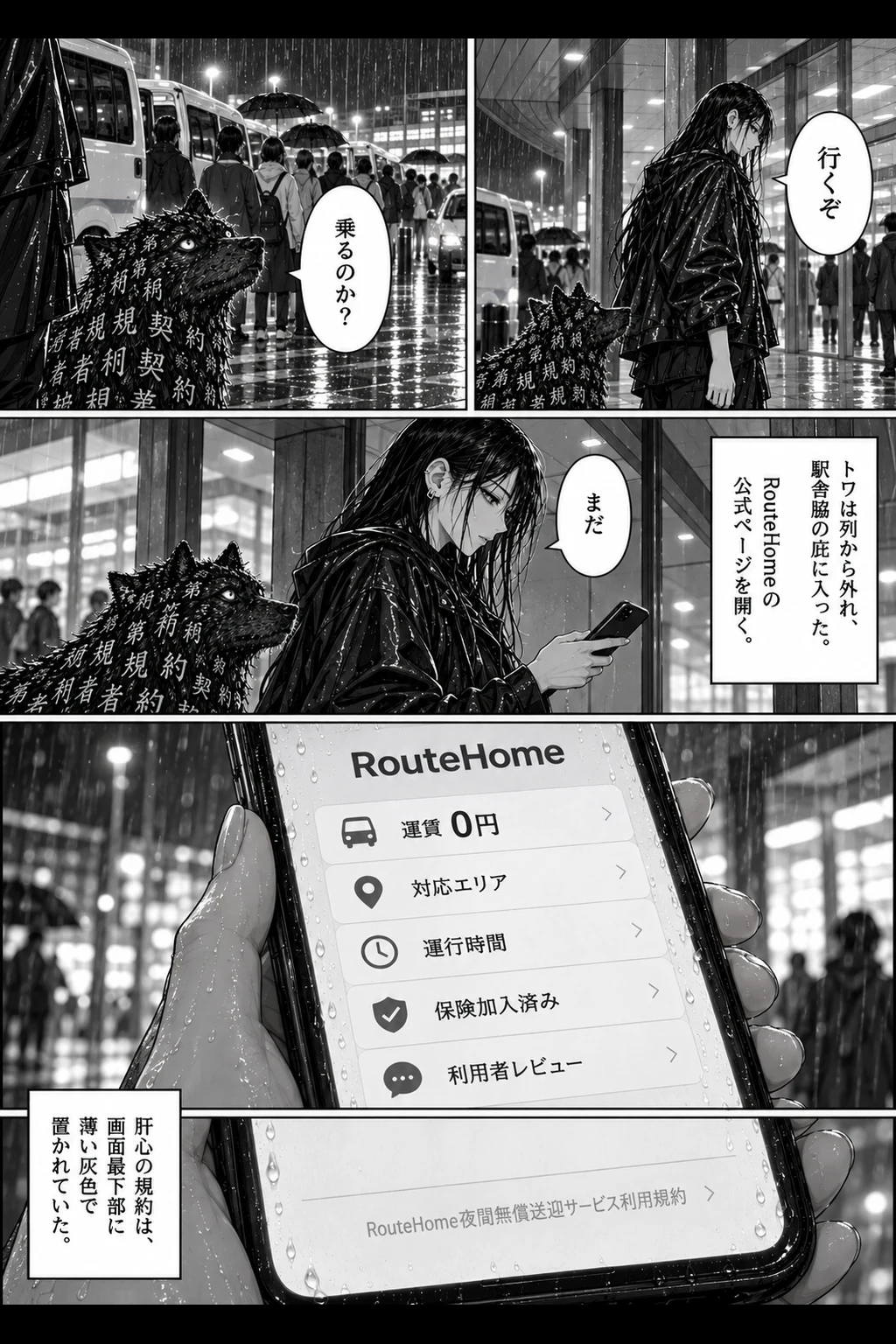 庇の下でスマホを操作するトワのアップと、公式ページの画面、最下部の薄い灰色の規約タイトル。