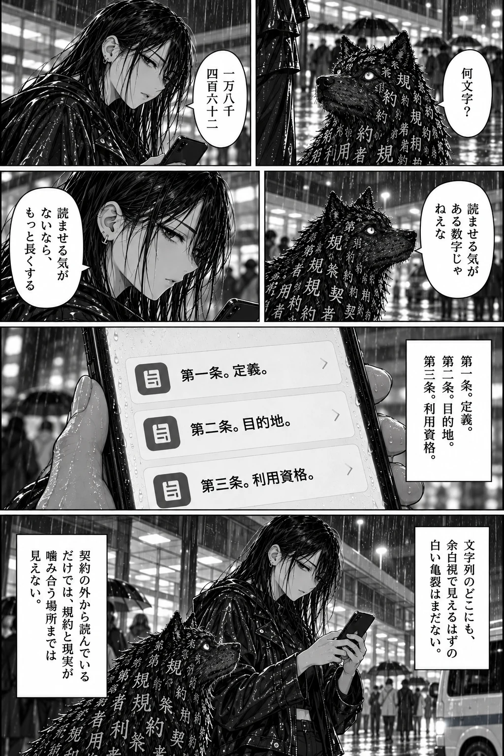 スマホで規約をスクロールするトワと、足元で見上げるタグ。