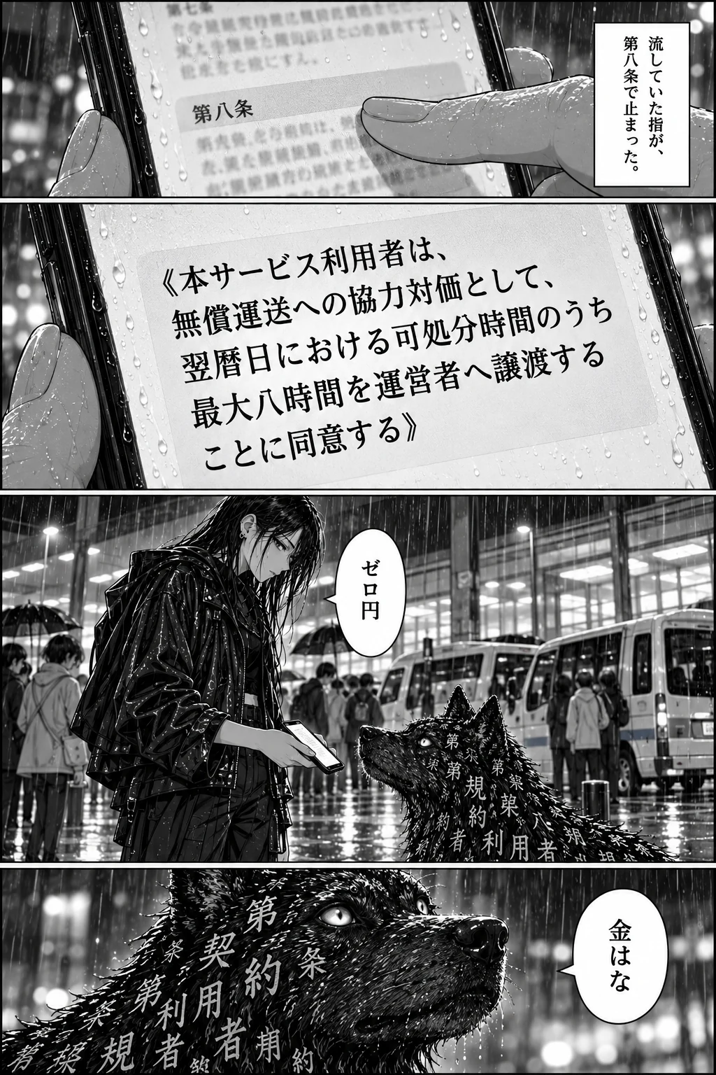 スマホの画面に映る第8条の条文と、画面をタグへ向けるトワ。