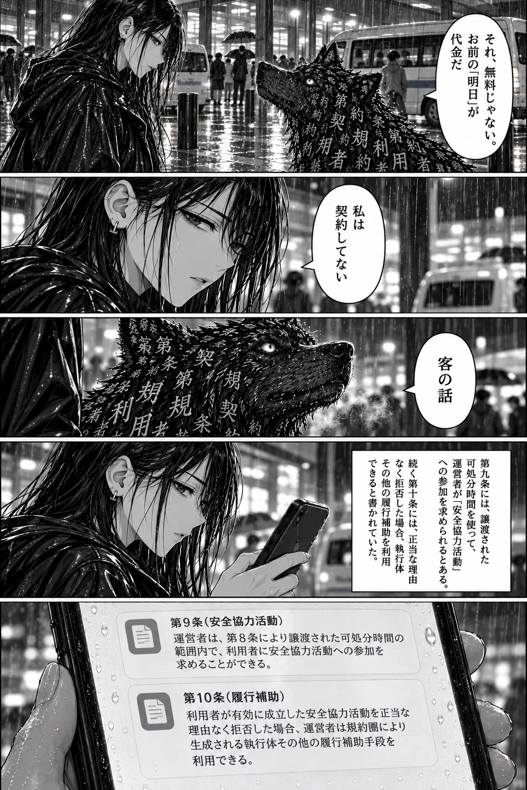 タグがトワに答えるコマと、スマホの画面に並ぶ第9条・第10条の条文。