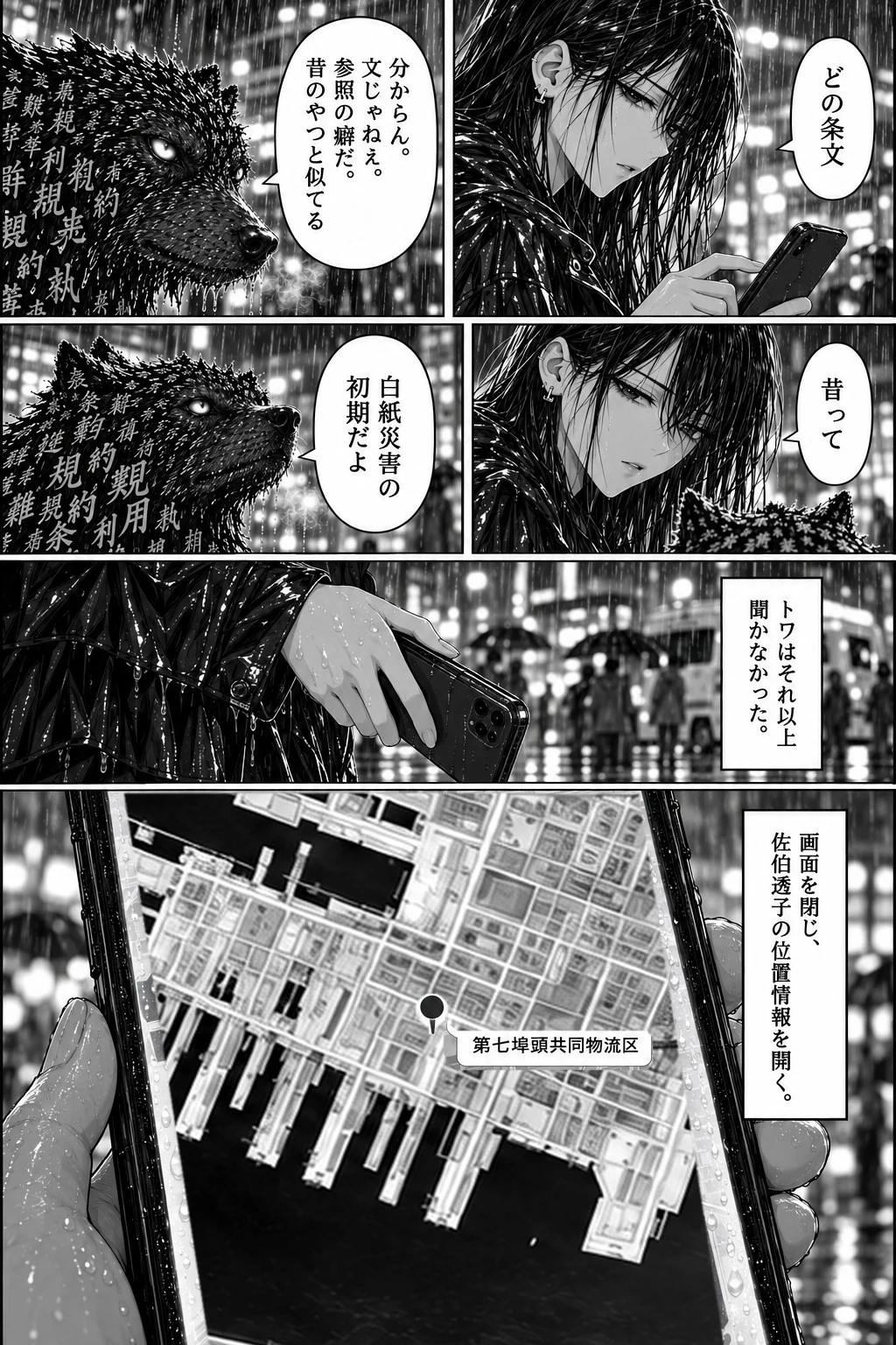 スマホを操作するトワとタグの掛け合い。最後のコマは、湾岸の地図と、ピンの横に「第七埠頭共同物流区」と出たスマホの画面。