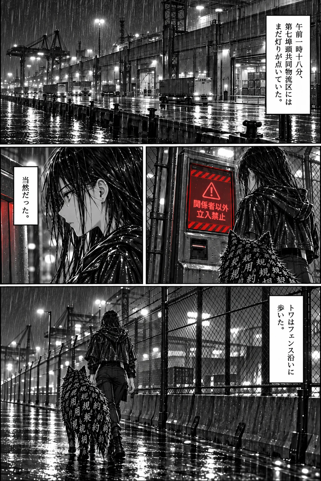 雨の港湾に並ぶ倉庫とコンテナ、赤く光る警備端末の前に立つトワとタグ、フェンス沿いを歩く後ろ姿。