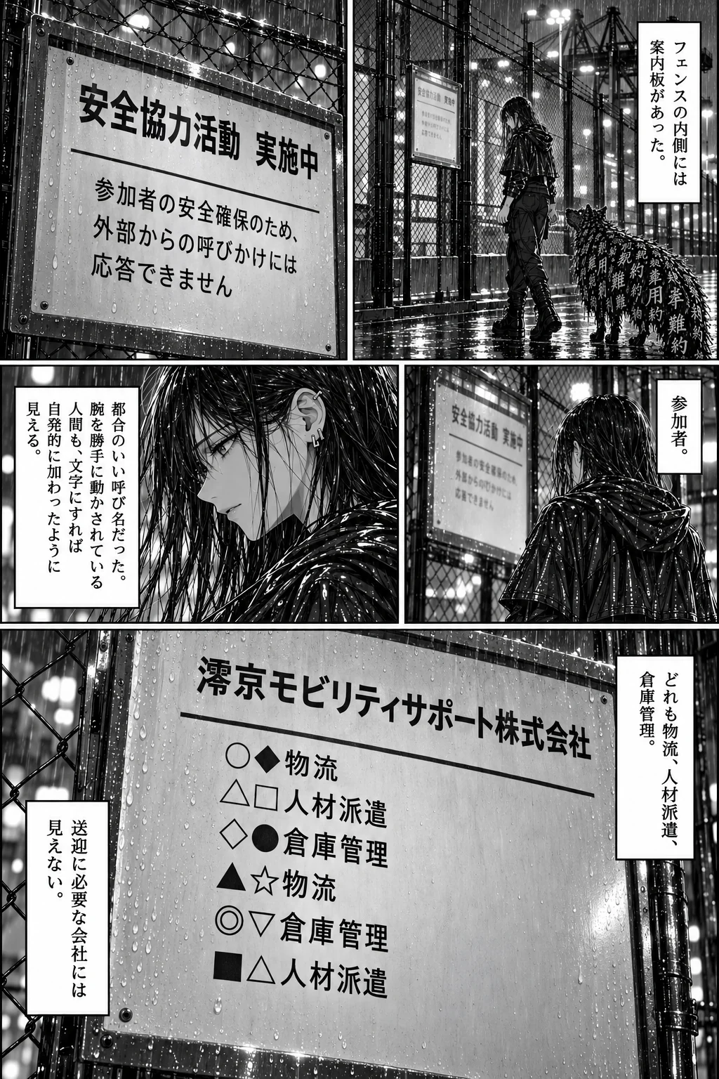 フェンス越しの案内板と、それを見るトワ。最後のコマは、運営主体名と共同運営企業6社を載せた案内板のアップ。