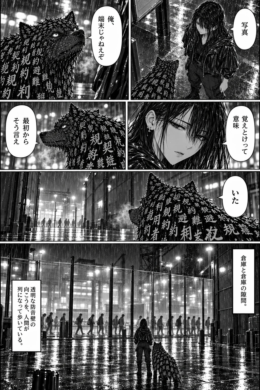 トワとタグのやり取りと、透明な壁の向こうを歩く人々の列を、手前から見るトワとタグの後ろ姿。