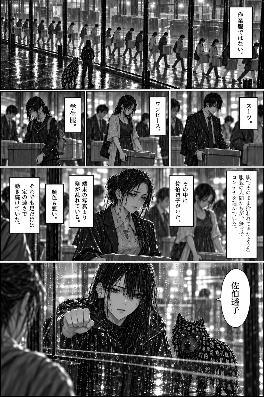 透明な壁の向こうで荷物を運ぶ人々。スーツ、ワンピース、学生服のコマのあと、疲れた顔の佐伯と、壁を叩くトワ。