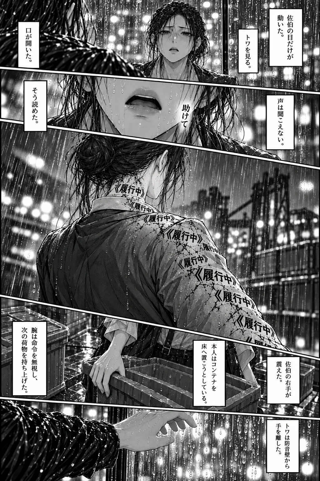 透明な壁越しに、雨に濡れた佐伯の顔と、口元のアップ。後ろ姿の佐伯のうなじから肩、袖へ黒い文字が這い、コンテナを持ち上げる腕が続く。最後は、壁から離れるトワの手。