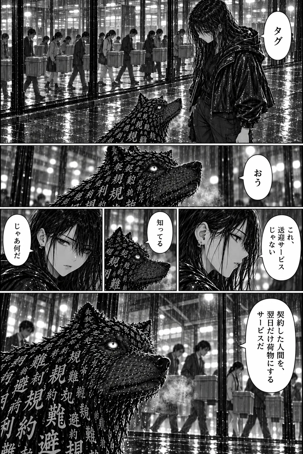 足元のタグに呼びかけるトワと、答えるタグ。防音壁の向こうでは、人々がコンテナを運び続けている。最後は、タグの顔の大きなコマ。