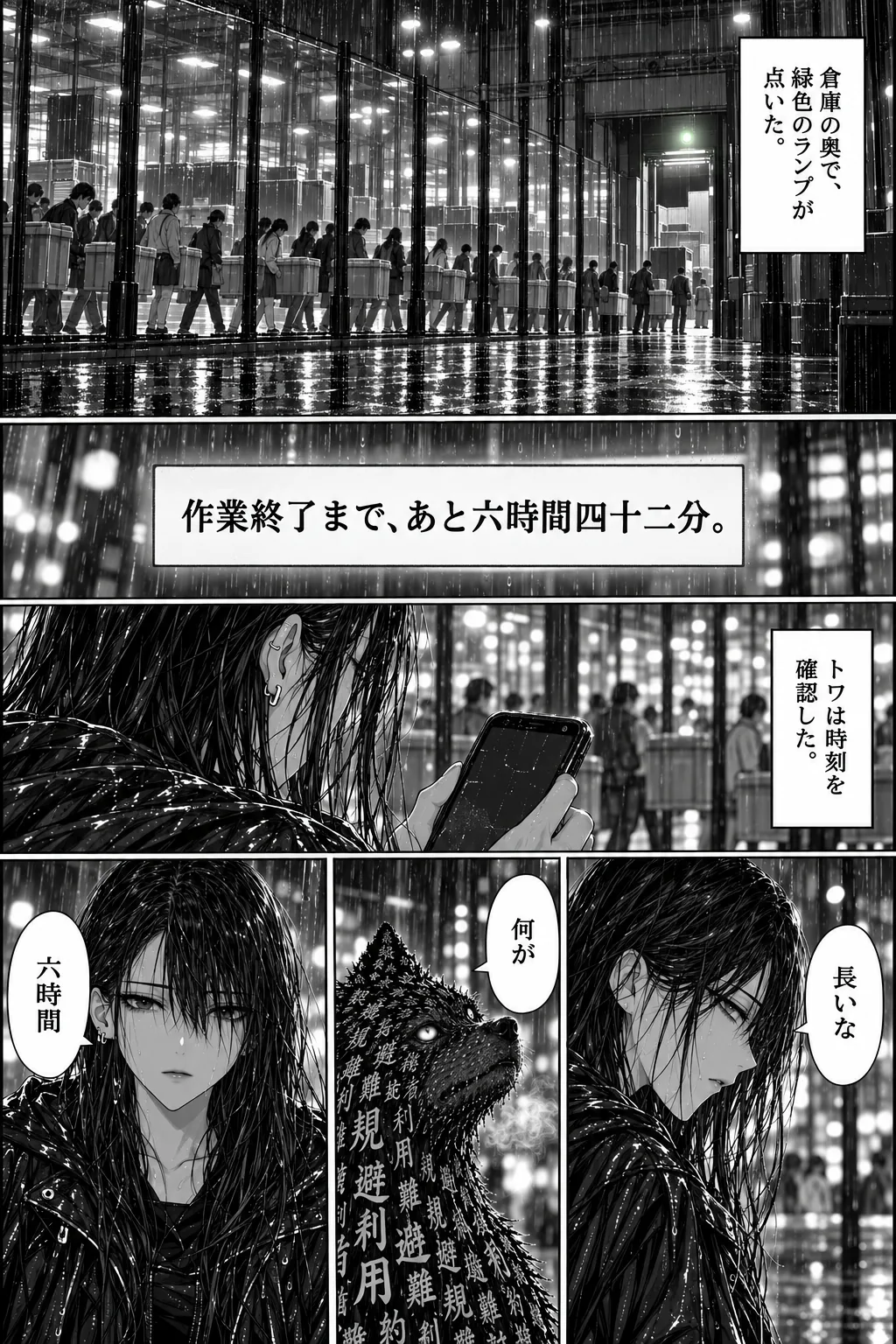 防音壁の奥の倉庫で、緑色のランプが光る。残り時間を示す一行の文字と、スマホで時刻を確認するトワ、タグを見るトワの顔。