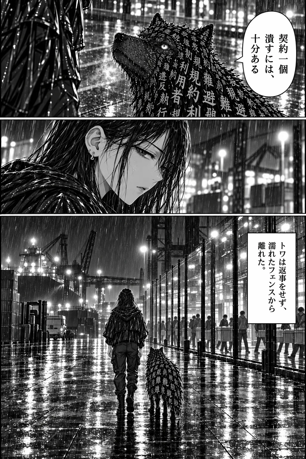 トワを見上げるタグ、無言のトワの横顔、そして雨の港を濡れたフェンス沿いに遠ざかるトワとタグの後ろ姿。